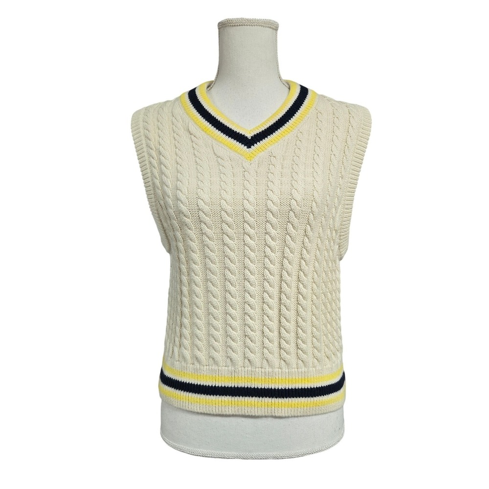 AMO Selma Sweater Vest Pima Cotton‎ Cable Knit Varsity Bone Preppy Size M